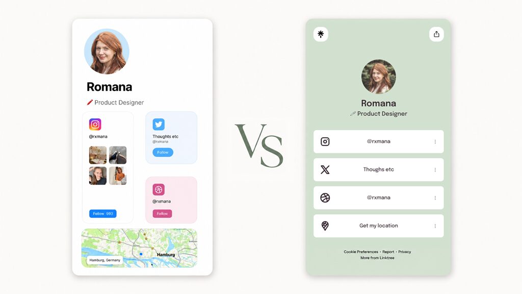 Bento.me page vs Linktree page