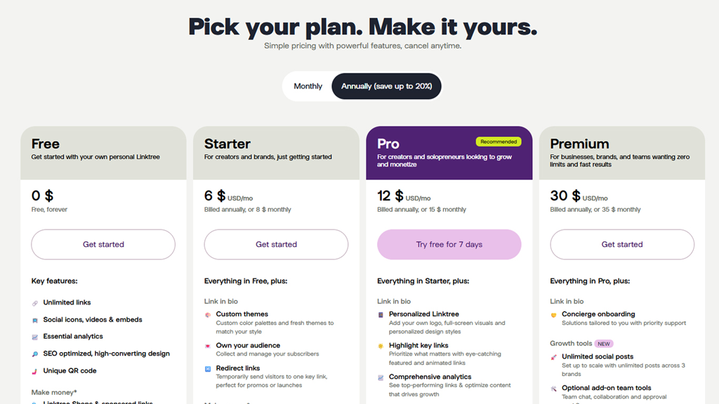 Linktree's Pricing plans