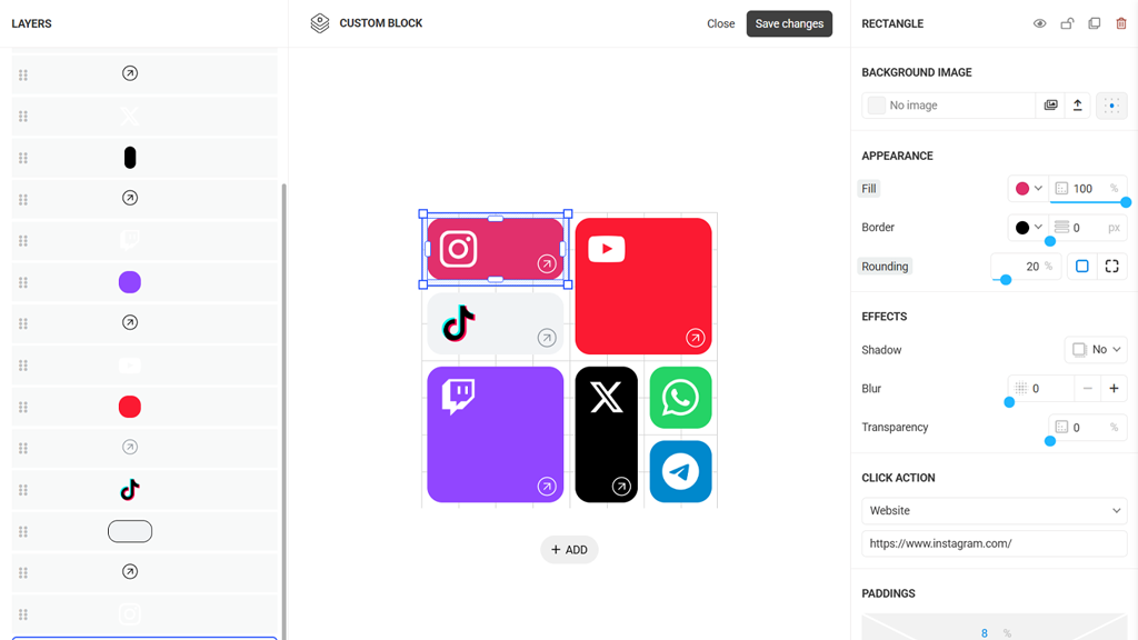 Creation of a content block in Bento.me style using Taplink's Custom block editor