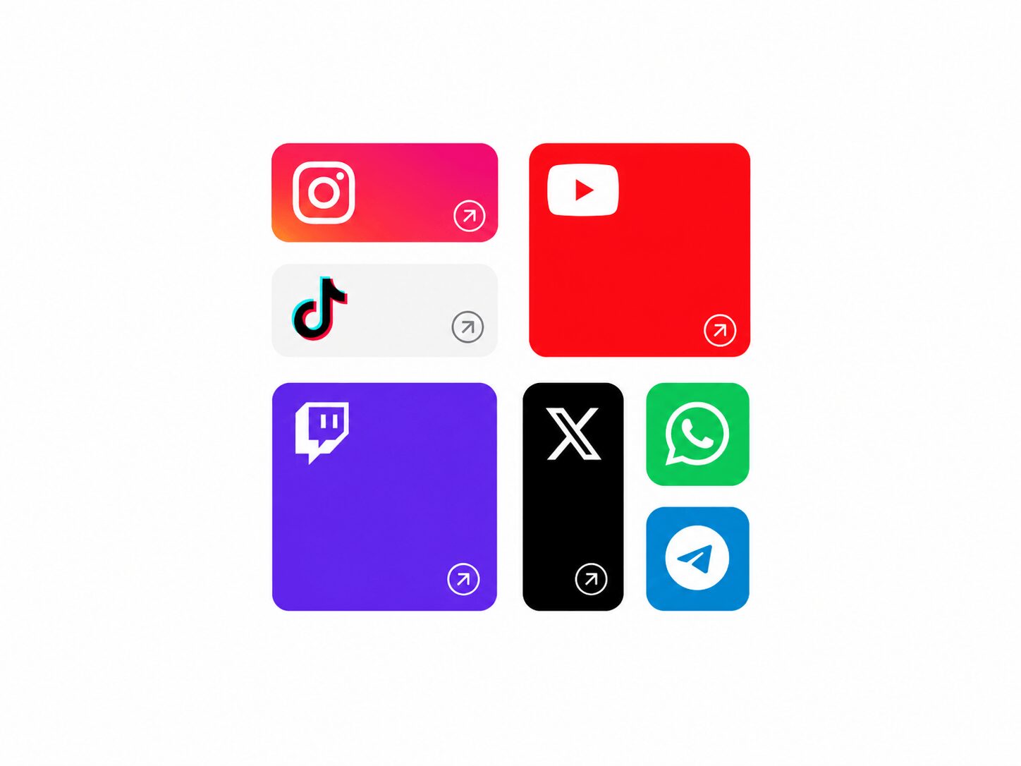 Social media links presented in a Bento-style layout