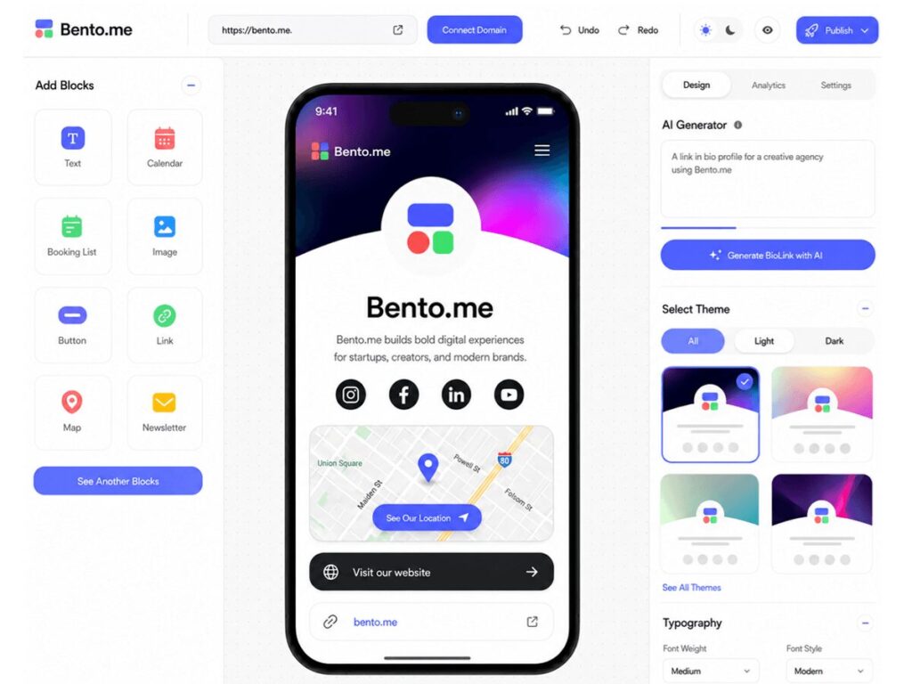 Creation of a modern link-in-bio page where you can share links and visual content